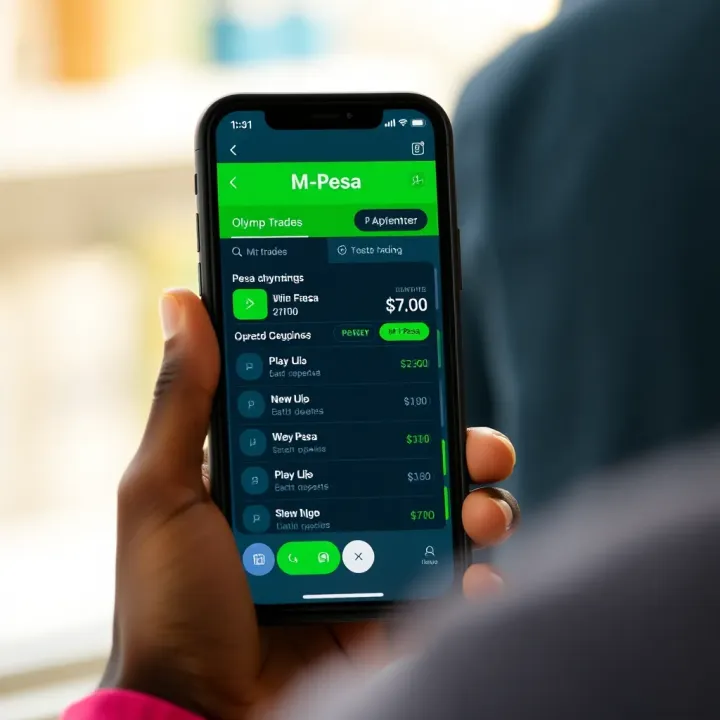 Using M-Pesa for Transactions on Olymp Trade in Kenya Mobile phone displaying M-Pesa payment interface used for deposits and withdrawals on Olymp Trade