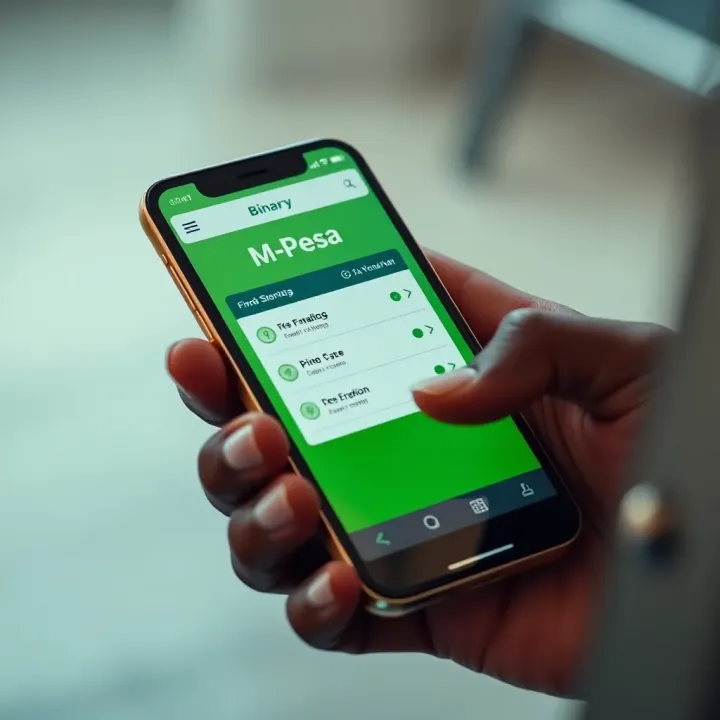 Using M-Pesa to Fund Your Binary.com Account Seamlessly Mobile phone displaying M-Pesa app with Binary.com funding options on screen.