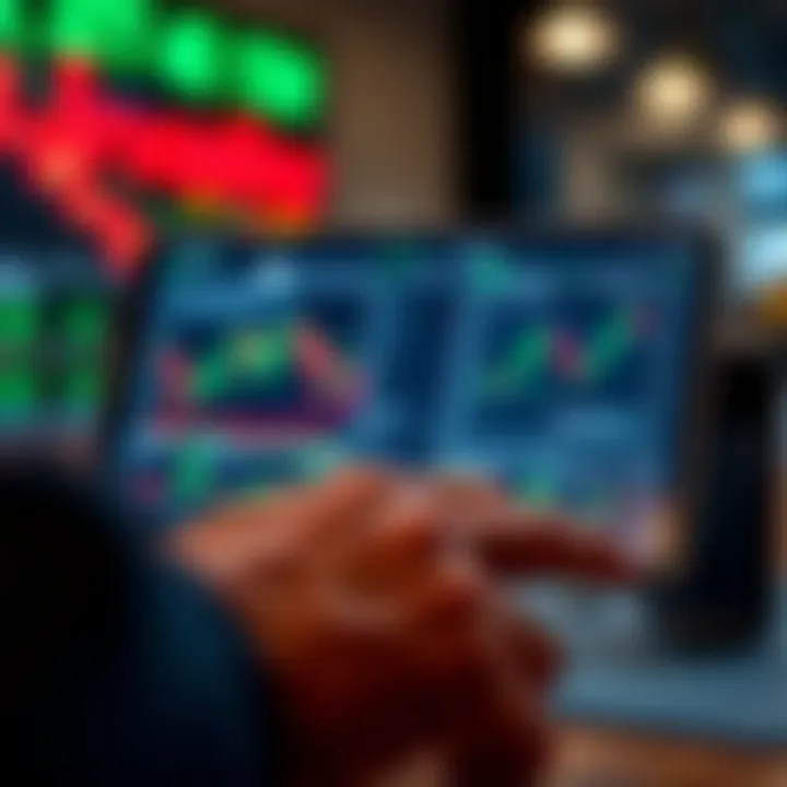 Navigating a Mobile Trading Application Interface User navigating a mobile trading application with charts and market data displayed