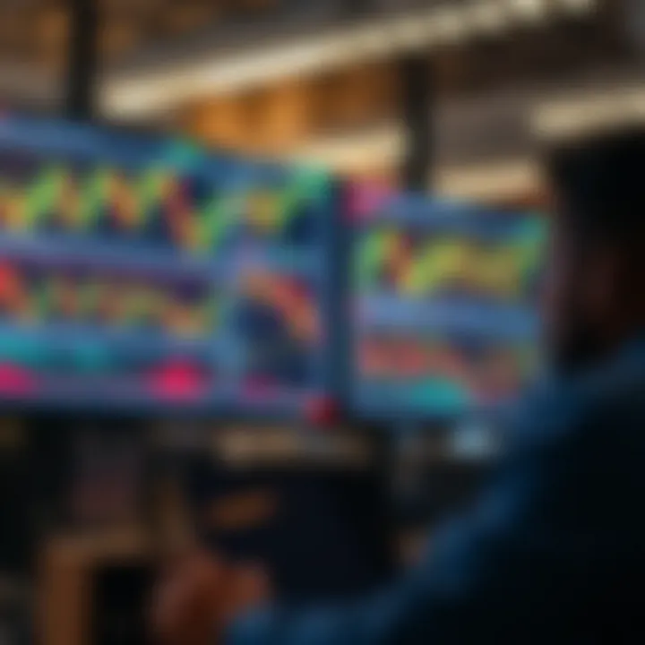 Illustration of trading analysis with charts and risk management tools displayed on multiple screens