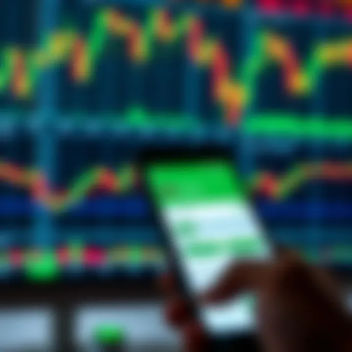 Mobile phone displaying M-Pesa app interface with forex trading charts in the background