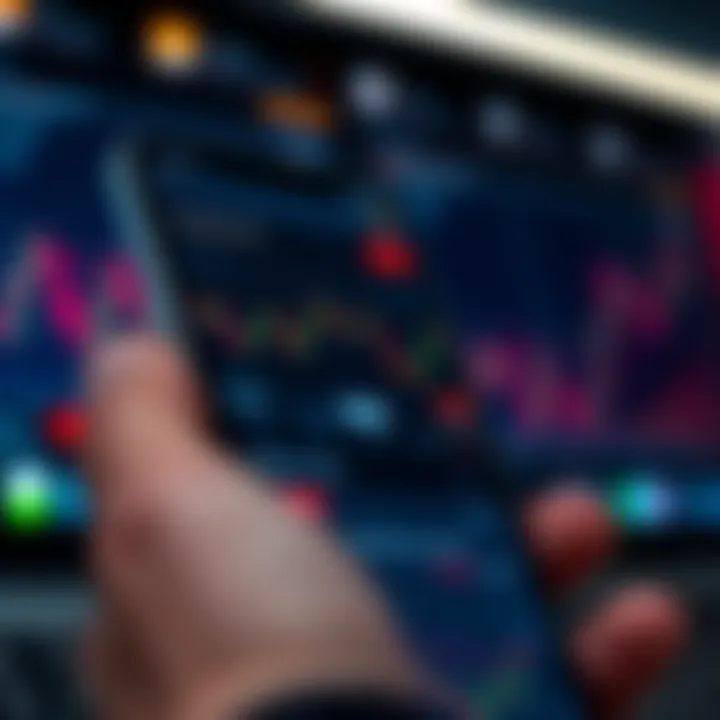 Mobile phone displaying IQ Option trading platform interface with charts and various trading options