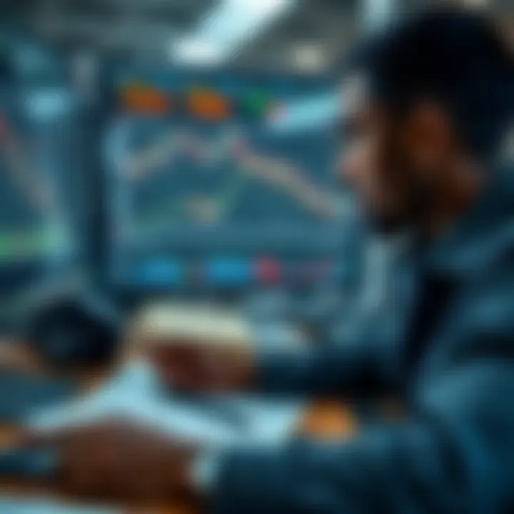 Trader Analyzing Charts with Risk Management and Strategy Tools Illustration of a trader analyzing charts with risk management tools and strategy notes