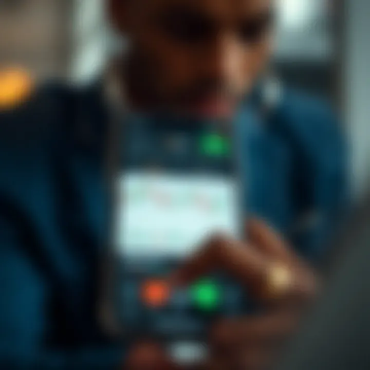 Mobile phone displaying IQ Option trading interface with active charts and buttons
