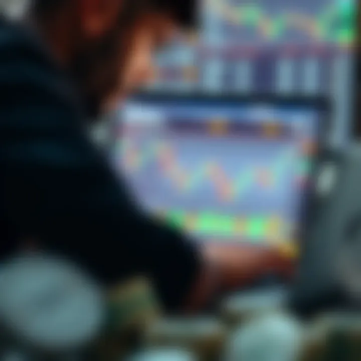 Illustration showing a person studying forex trading charts on a laptop with Kenyan currency symbols around