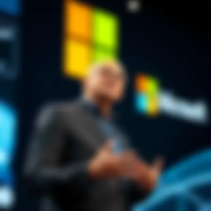 Satya Nadella speaking at a technology conference with Microsoft branding in the background