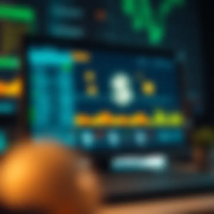 Illustration of a computer screen displaying automated financial software with digital currency symbols
