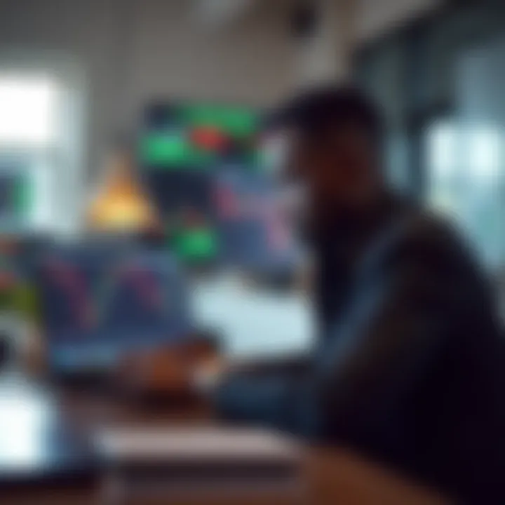Conceptual illustration of Kenyan trader using a laptop with forex trading charts and Kenyan shilling symbol