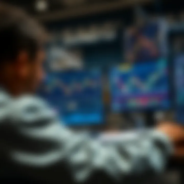 Conceptual illustration of automated software analyzing forex market charts on multiple screens