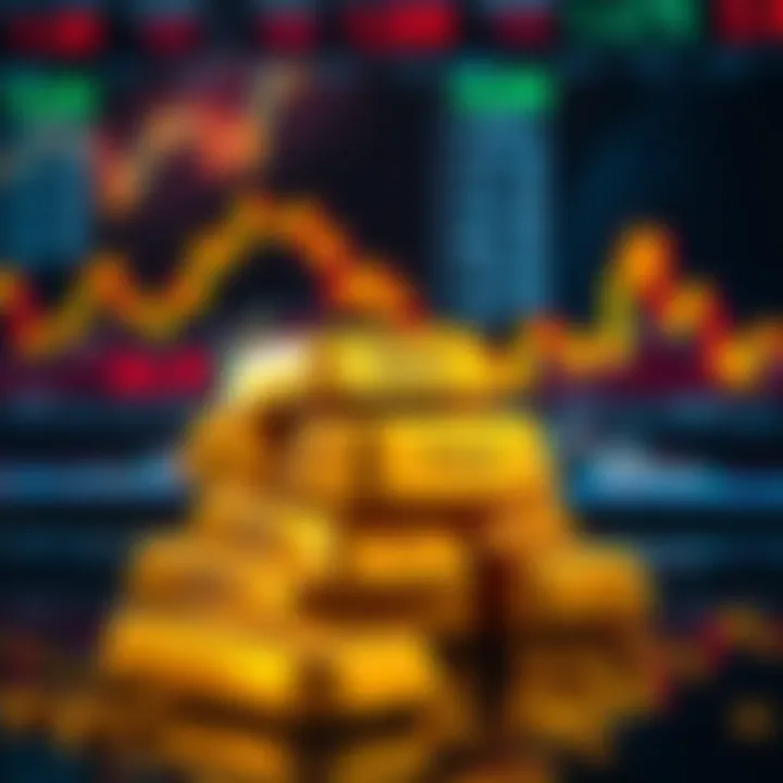 Golden bars stacked with fluctuating market charts in the background