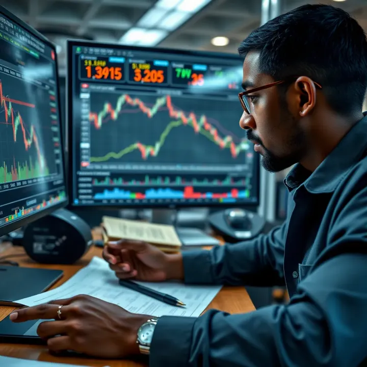 Illustration of a trader analyzing charts with risk management tools and strategy notes