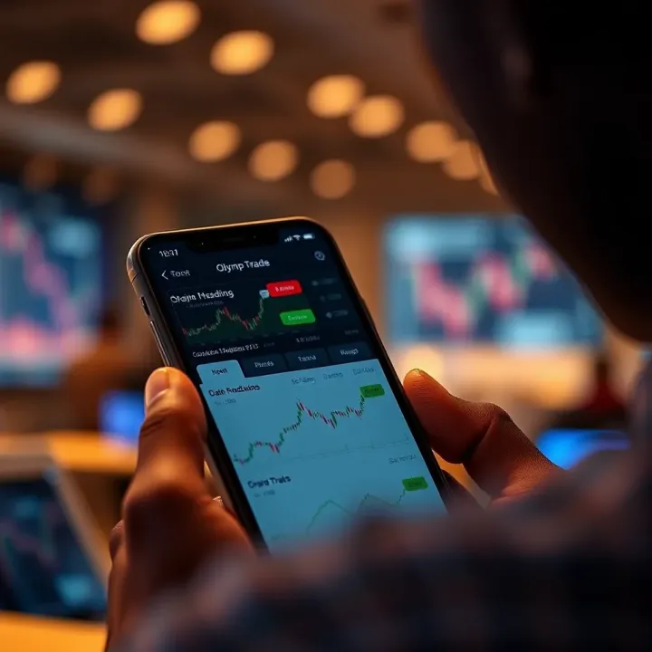 Mobile screen showing the Olymp Trade app dashboard with trading options and charts in use