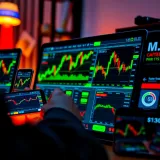 Digital devices displaying trading charts and M-Pesa mobile payment interface