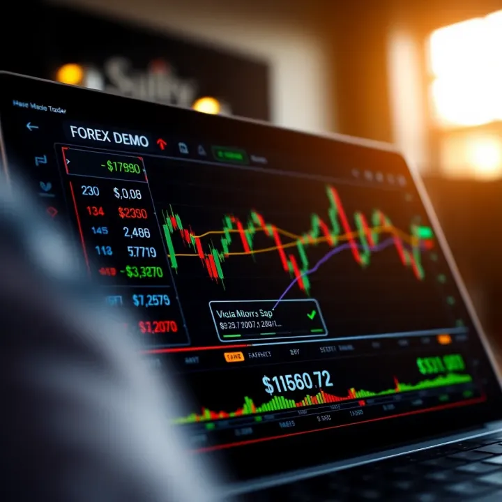 Forex Demo Trading Platform Interface Visualisation Graphical representation of a forex demo trading platform with currency charts and virtual money balance