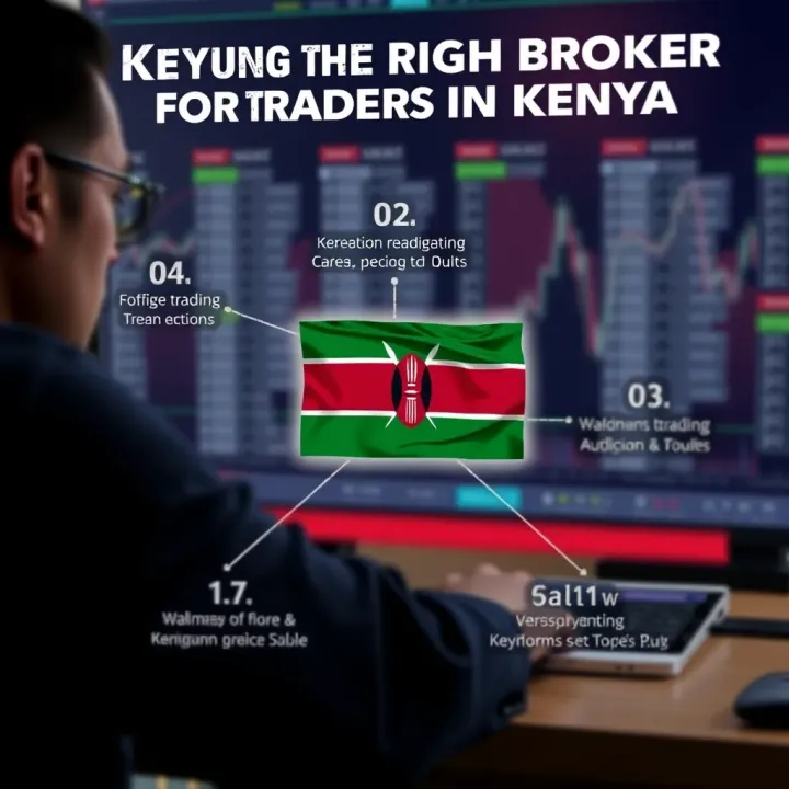 Conceptual graphic of various forex broker options with Kenyan flag highlights and key factors for selection