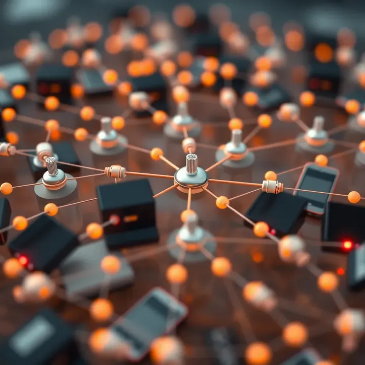 Visualization of Peer-to-Peer Network Connections Network of interconnected devices representing peer-to-peer data sharing